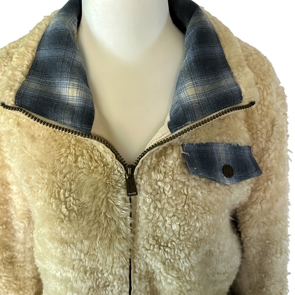 Pendleton Teddy Sherpa Fluffy Zip Up Ivory Blue Cream Flannel Womens Jacket Sz S - Picture 9 of 14